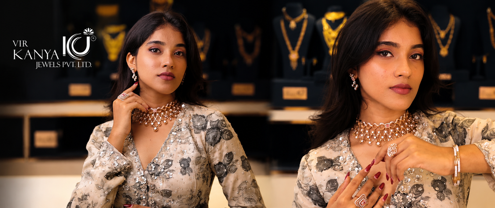 A 22K gold bridal necklace and matching earrings laid on a dark ground